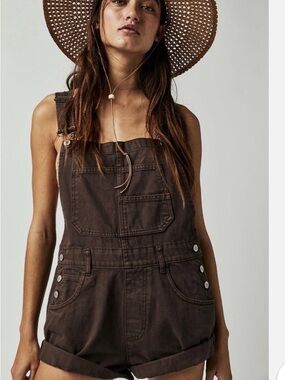We The Free Dark Brown Denim Short Overalls